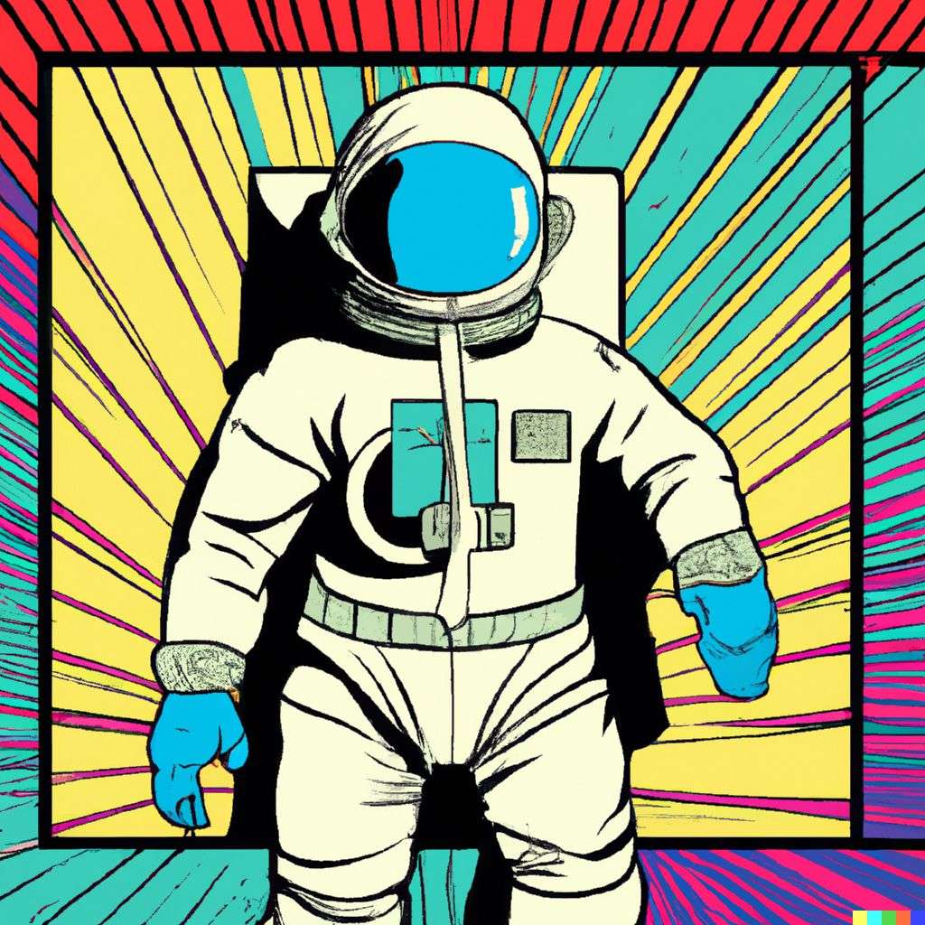an astronaut, retro comic art, triadic color scheme